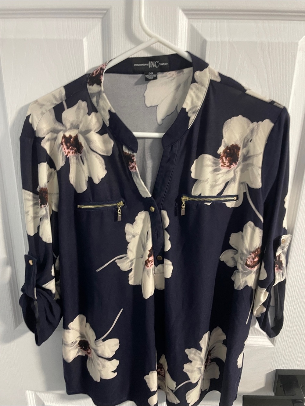 INC International Concepts Navy and Cream Floral Zip-Pocket Blouse